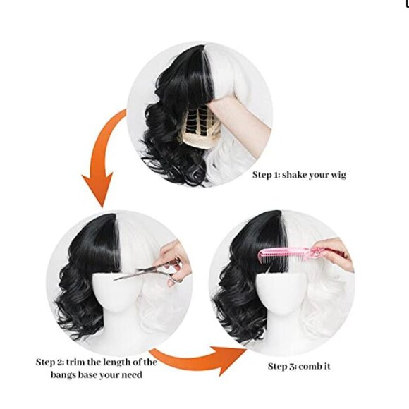 Short Black and White Wig Shoulder Length Wavy Two Tone Cosplay Wig Full Bangs - Picture 2 of 8
